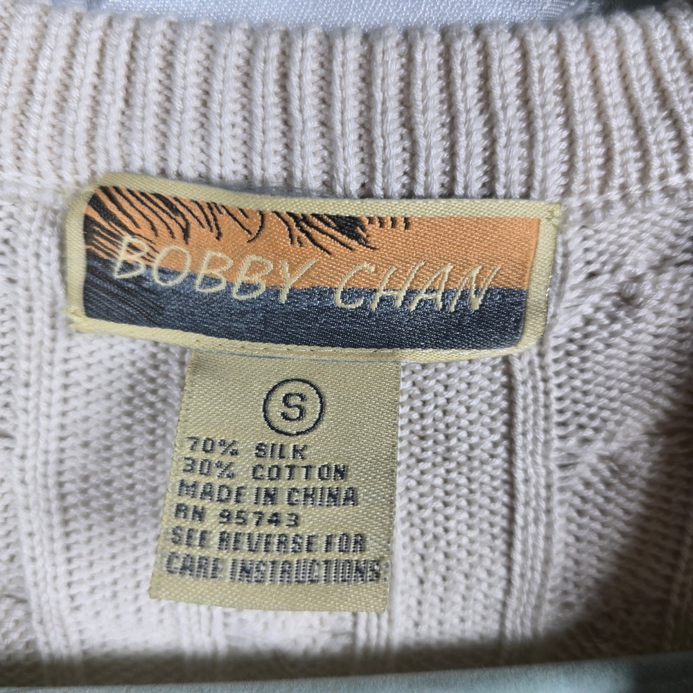 Bobby Chan‎ Men's V Neck Cable Knit Sweater Silk Cotton Blend Ivory Small Preppy - Picture 2 of 8